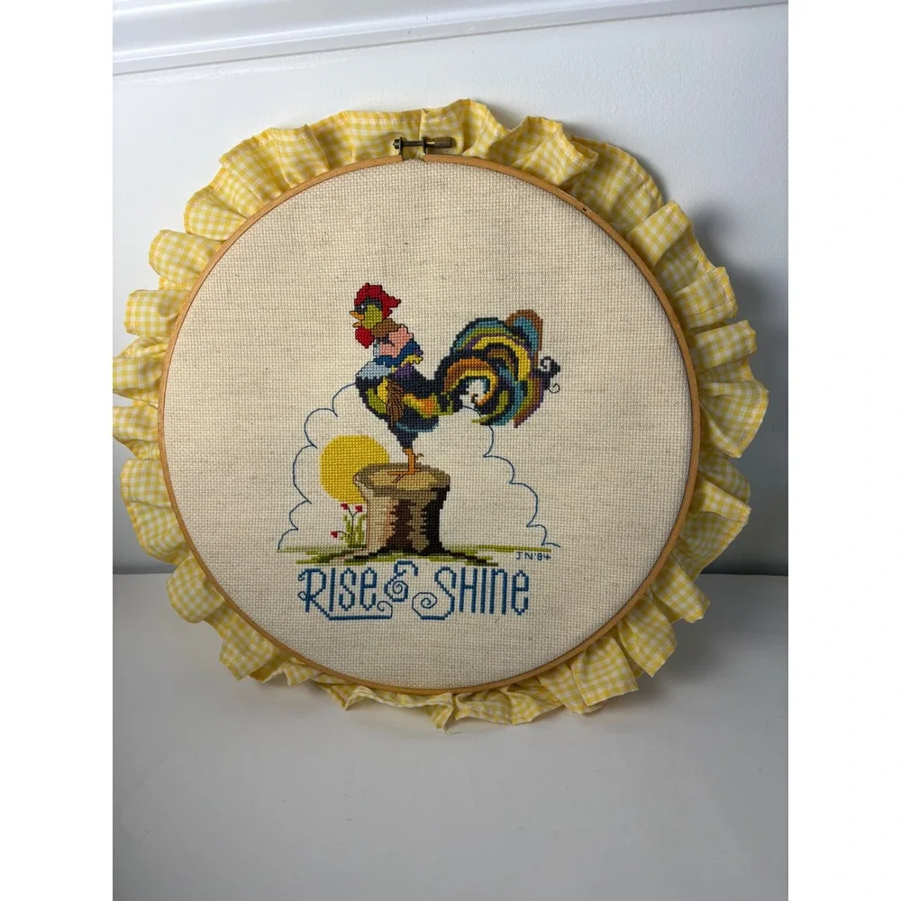 Vintage 1984 Rise &‎ Shine Rooster Cross Stitch Hoop Yellow Gingham Ruffle 12